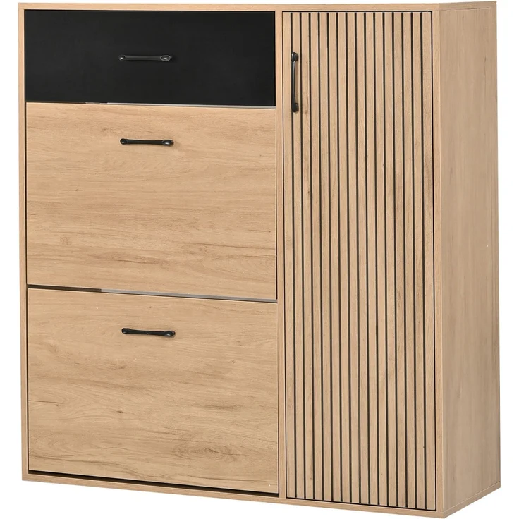 DESVIAE Garderobenschrank Schuhschrank Naturholz/Schwarz aus MDF/Spanplatte – 100x106x35 cm – 2 Schuhklappen – Bild 8