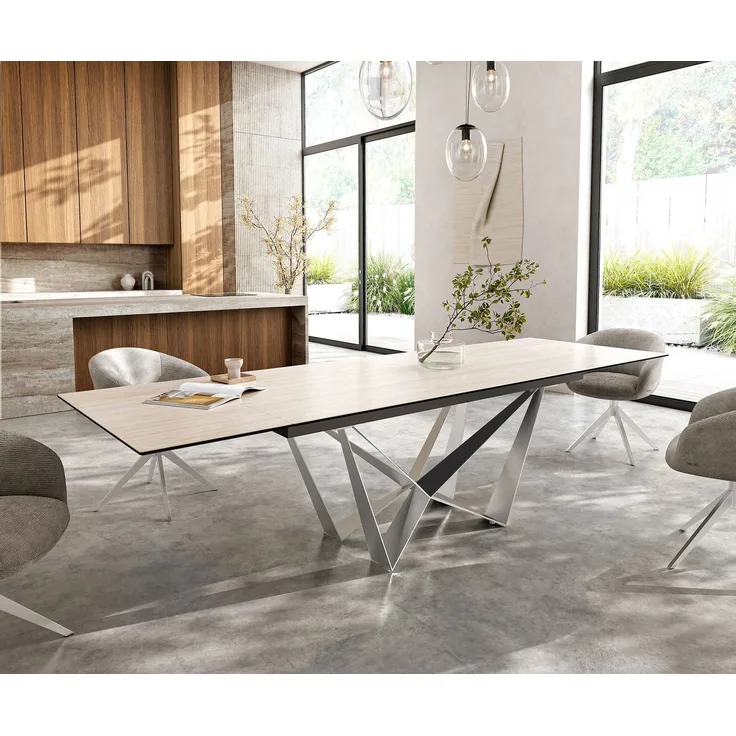 Esstisch Edge 200-300x100 Keramik Laminam® Travertino Bianco Creme-Weiß Spider Flachstahl Edelstahl ausziehbar