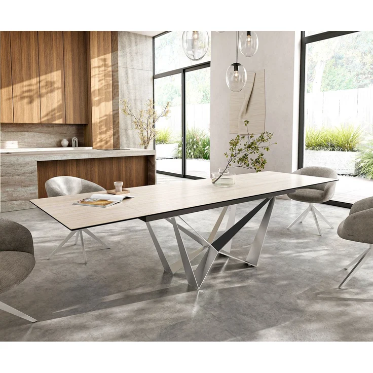 Esstisch Edge 200-300x100 Keramik Laminam® Travertino Bianco Creme-Weiß Spider Flachstahl Edelstahl ausziehbar – Bild 1