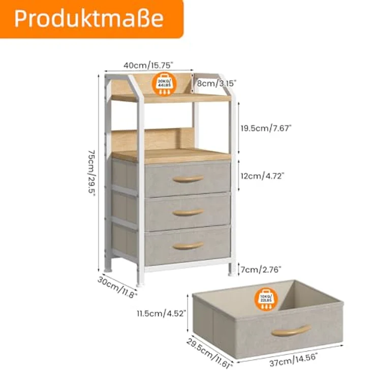 Feonase Nachttisch mit 3 Stoff-Schubladen, Kleine Kommode & Beistelltisch, 2-Fach MDF-Nachtschrank mit offenem Fach, moderner Side Table für Schlafzimmer, Wohnzimmer, Khaki – Bild 2