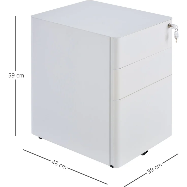 Rollcontainer aus Stahl mit Schloss und 3 Schubladen, 48x39x59 cm, Weiß – Bild 4