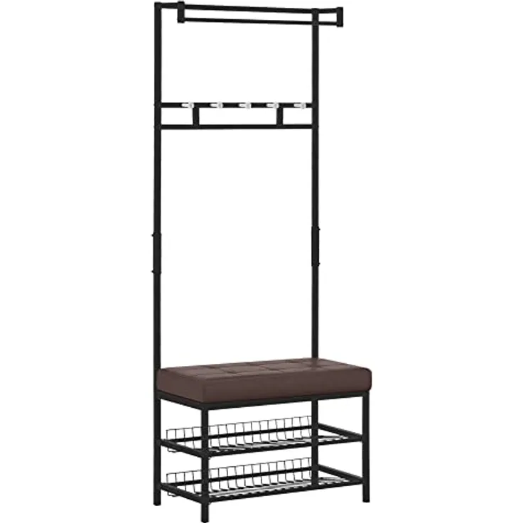 HOMCOM Garderobenständer, All-in-One Garderobe mit 5 Haken, Schuhablagen und Sitzbank, Schwarz-Braun, Metall, 35x180x72,5 cm