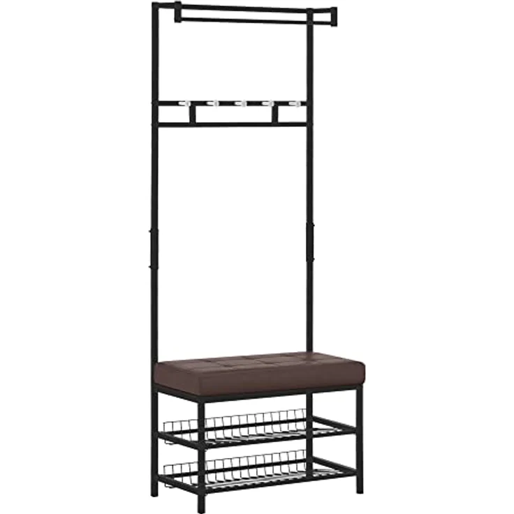 HOMCOM Garderobenständer, All-in-One Garderobe mit 5 Haken, Schuhablagen und Sitzbank, Schwarz-Braun, Metall, 35x180x72,5 cm – Bild 1