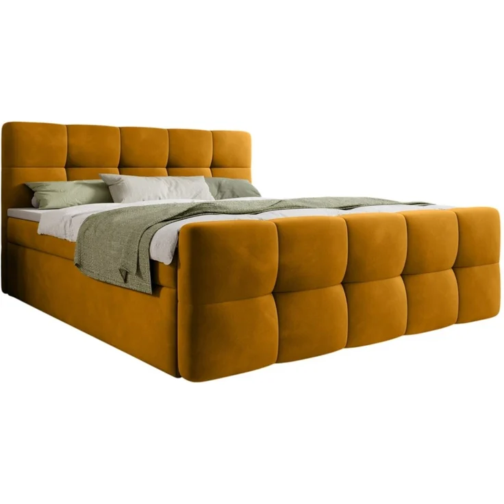 thematys Boxbett mit Bettkasten 140x200cm, mit Bonnellfederkernmatratze H3, Bouclé/Velours, mit Stauraum, mit 3 cm Topper, Senfgelb (Velluto 08), Art.-Nr. S04GH0RG8DT – Bild 4