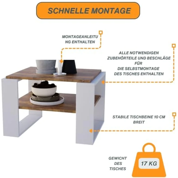 CraftPAK Couchtisch Wohnzimmertisch aus hochwertigem Holz - Couchtisch 54T x 63B x 44H cm – Bild 5