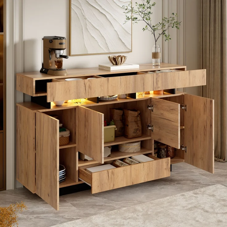 Sideboard B 140 x T 35 x H 90 cm aus Spanplatte in Natur/Schwarz mit RGB-Beleuchtung – Bild 2