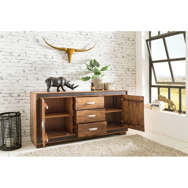 FINEBUY Sideboard FB46382 (160x44x80 cm Massivholz Kunstleder), Kommode Schubladen & Türen, Standschrank Anrichte – Bild 4