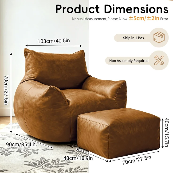 Sitzsack mit Hocker – Großes Sitzsacksofa für Erwachsene, Jugendliche und Kinder, geeignet für Wohnzimmer, Schlafzimmer und Studentenwohnheim, aus technischem Kunstleder, braun, 103 x 90 x 70 cm, von YOUDENOVA – Bild 7