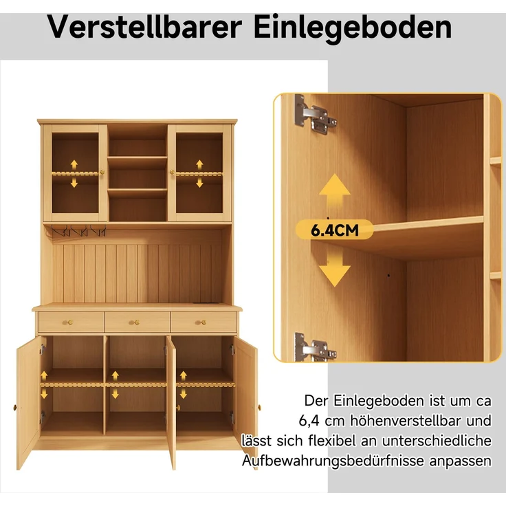 Buffetschrank 120 x 40 x 191 cm aus Spanplatte mit Glastüren, Schublade, Gläserhalter und Steckdosen – Bild 8