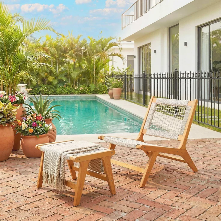 Outsunny Loungesessel Set, Akazienholz, PP-Rattan, Beige, 60L x 83B x 73,5H cm – Bild 9