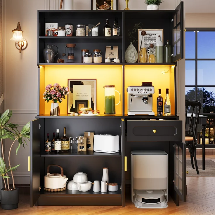 Küchenschrank, hoher Küchenschrank Sideboard Küchenschrank mit Glastüren und LED-Beleuchtung, MDF/Glas, Schwarz, 130 x 45 x 180 cm – Bild 3