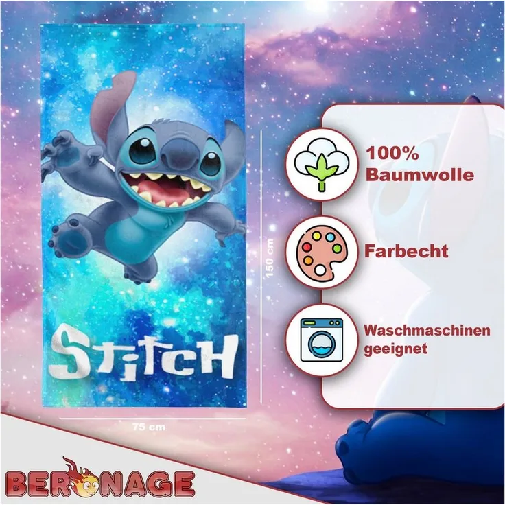 BERONAGE Strandtuch Lilo & Stitch Badetuch Out of The World 75x150 cm, (1-St), Frottee in Velours-Qualität