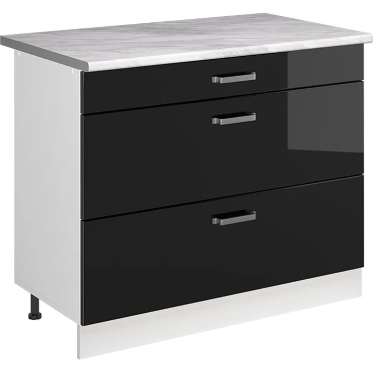 Küchenunterschrank R-Line Schwarz Hochglanz/Weiß 100 cm Arbeitsplatte Marmor Vicco – Bild 1
