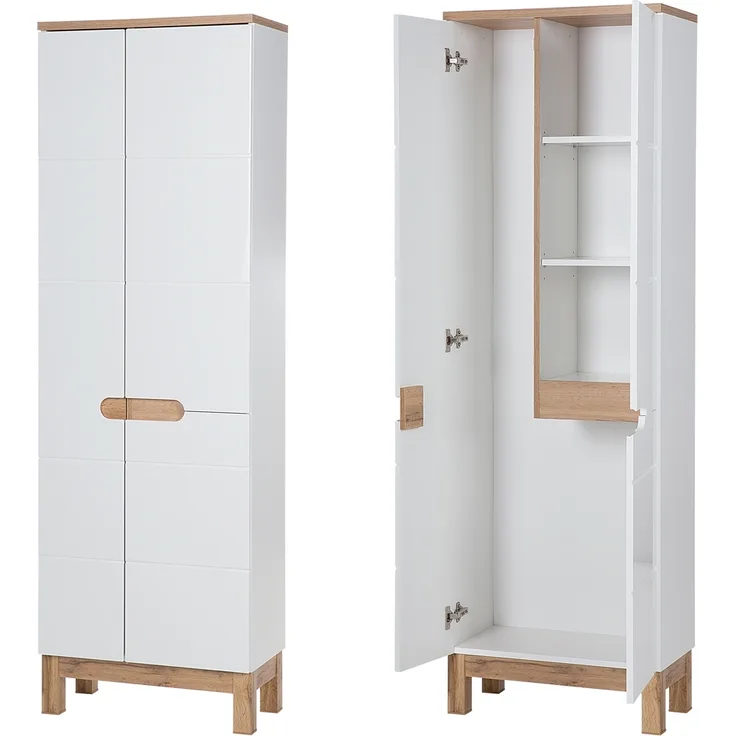 Hochschrank mit Staubsauger-/Wischerfach SOLNA-56 Hochglanz weiß mit Wotaneiche, B x H x T ca. 60 x 187 x 33cm