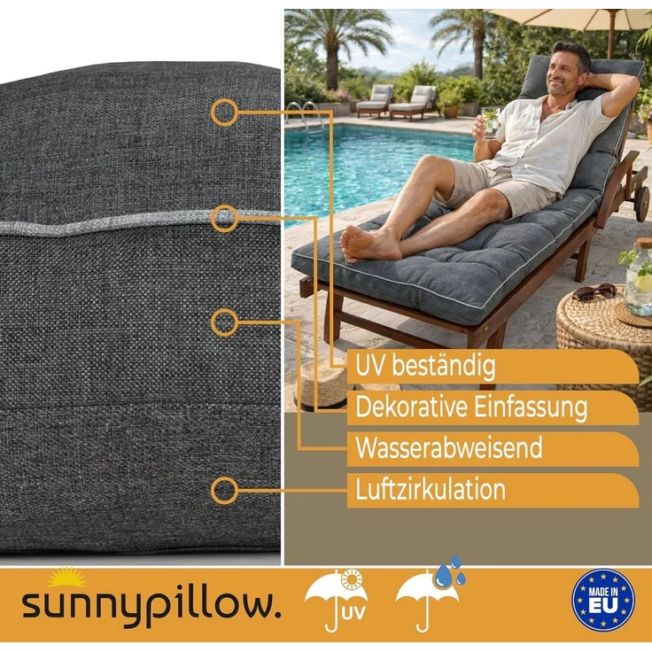 sunnypillow Liegenauflage 200x60 - Auflage für Gartenliege extra dick 13cm, Anthrazit – Bild 3