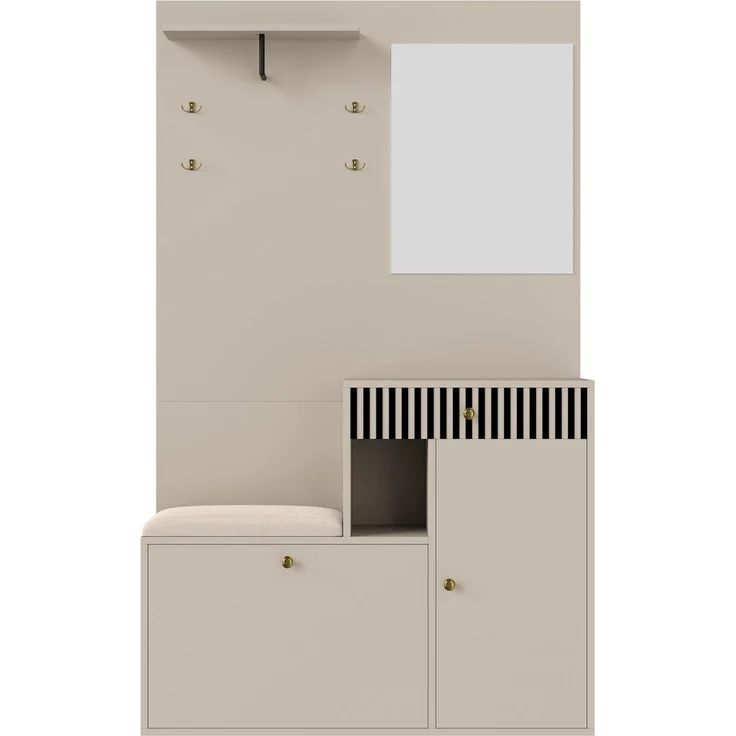 Merax Garderobenset, Kompaktgarderobe, Flurgarderobe mit Spiegel und Polsterkissen, Flurschrank, Wohnwand, Regal, Flur- und Dielengarderobenpaneele, Schuhschrank, Beige – Bild 9