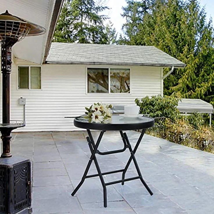 PHI VILLA Klappbar Runder Beistelltisch Glas aus Metall Gartentisch Kaffeetisch Klein Balkontisch wetterfest pflegeleicht für Balkon Garten Terrasse Wohnzimmer – Bild 9