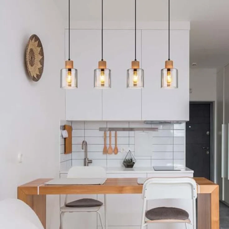Globo Lighting ALEIDIS, Hängeleuchte mit vier rauchfarbenen Glashängern und Holzapplikationen, H 120 cm – Bild 2