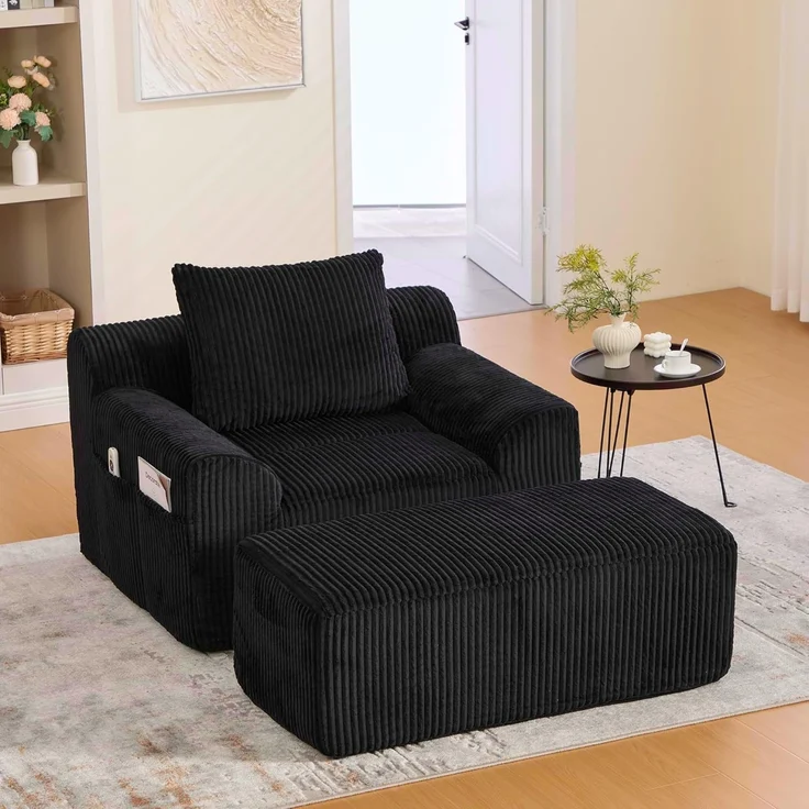 Ball & Cast Reading Chair, Big Sessel mit Rückenlehne und Fußstütze, Lesesessel Bequem XXL aus Kordsamt, Montagefrei, 147 x 110 x 67 cm, Schwarz – Bild 1