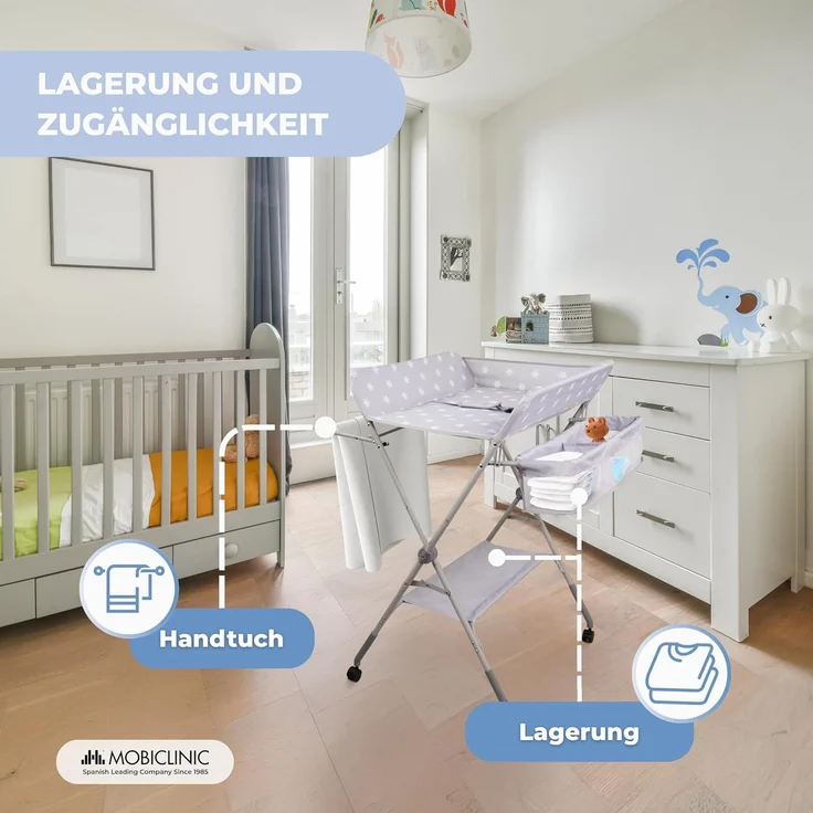 Mobiclinic®, Wickeltisch, Klappbar, Höhenverstellbar, Bis zu 15 Kg, 0–36 Monate, Windel-Organizer, 360°-Räder mit Bremse, Gurt und Sicherheitszaun, Waschbarer Bezug, Aufbewahrung, Zoey – Bild 3