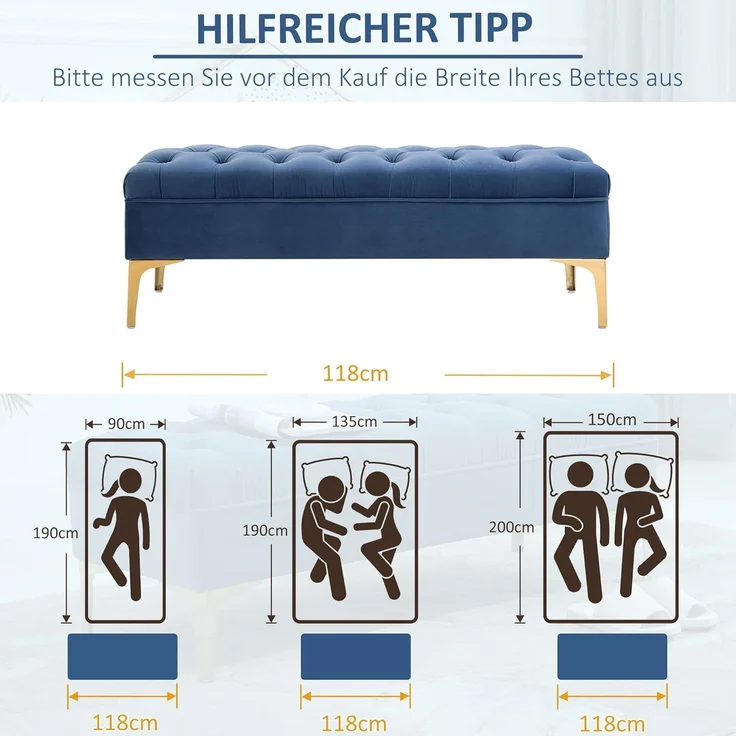 HOMCOM Polsterbank Schlafzimmerbank mit erhöhten Beine (Sitzottomane, 1-St, Sitzbank), Samt Blau 118 x 45 x 42 cm – Bild 3