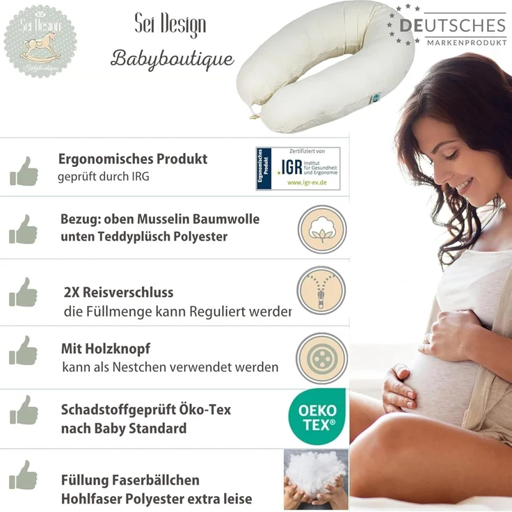 sei Design Musselin Stillkissen XXL 190x30 Öko-Tex Seitenschläferkissen | Ergonomisches Schwangerschaftskissen Lagerungskissen | Bezug aus Musselin [Baumwolle] & Teddyplüsch – Bild 6