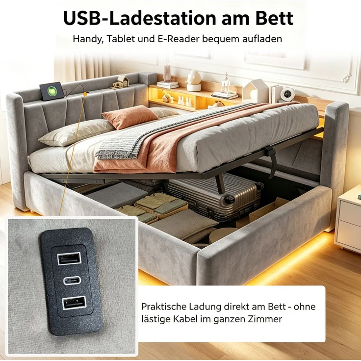 Schlafsofa Samt mit Stauraum, USB-Anschluss & LED, 140x200 cm, Grau, ohne Matratze – Bild 6