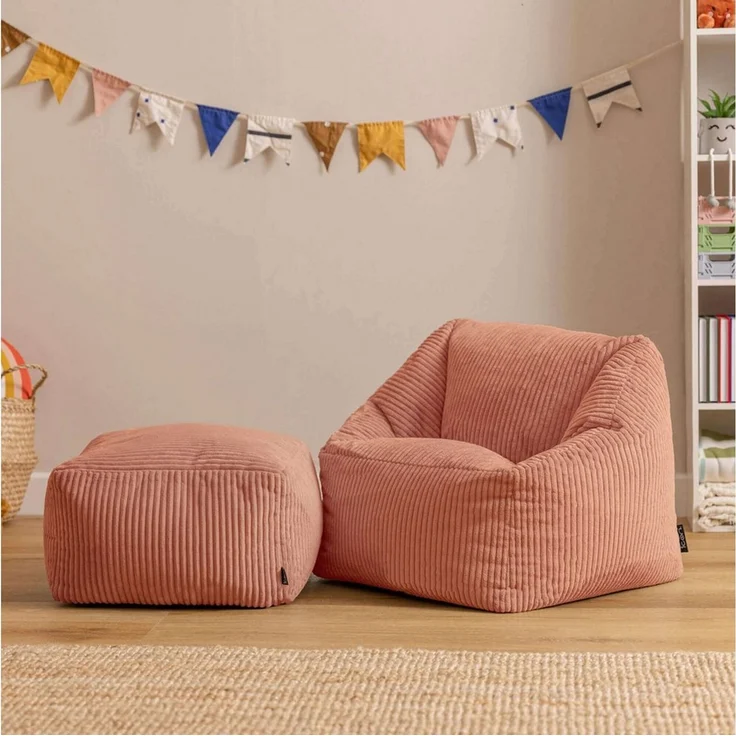 Icon Natalia Sitzsack Kinder mit Hocker, Rosa, Flauschiger Cord Stoff, Sitzsack Cord mit Füllung, Bequemer Kinder Sessel, Kuschelsessel, Lese Sessel, Schlafzimmer, Kinderzimmer, Spielzimmer – Bild 3