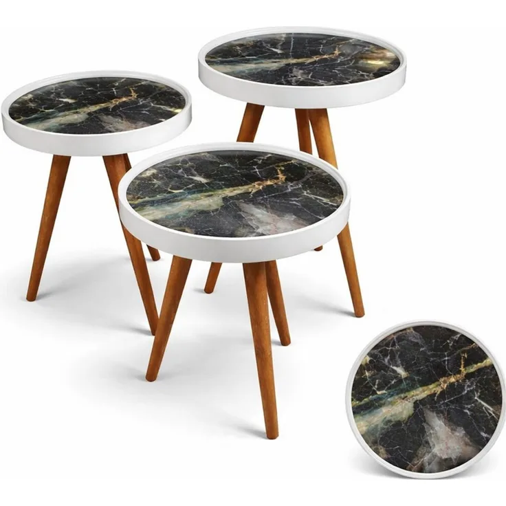 HOOZ Beistelltisch SSatztisch 3er Set Beine Holz rund Ø 38cm, Höhen: 47/ 53/ 59cm Schwarz (Set, 3-St, 3× Sofatisch), Platzsparendes 3er Couchtisch Set – flexibel ineinander schiebbar