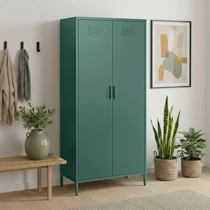skølm 'Atria' Kleiderschrank, Metall, 170x45x80 cm, dunkelgrün, Garderobe mit 4 Fächern und 2 Kleiderstangen – Bild 7