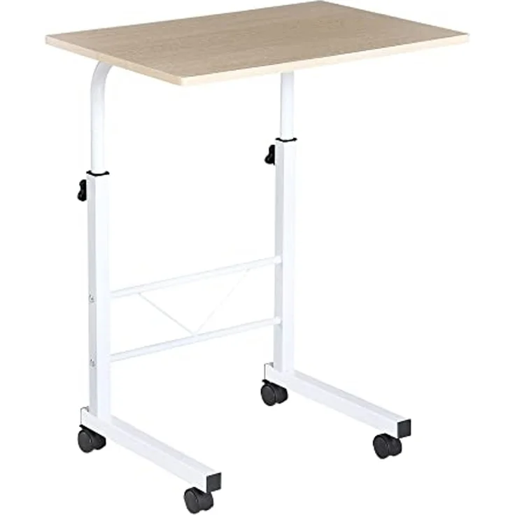 HOMCOM Beistelltisch höhenverstellbarer Couchtisch mit Rädern Feststellbremsen (C-Tische, 1-St, mobiler Endschreibtisch), Spanplatte Stahl Eisen Kunststoff, Weiße Ahornfarbe 60 x 40 x 68-78 – Bild 1