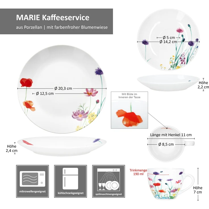 18tlg Kaffeeservice Marie Porzellan 6 Personen Tassen Untertassen Teller Blumen – Bild 7