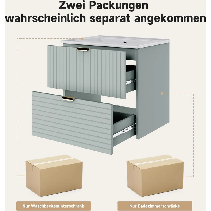 Waschtischunterschrank 61 x 46 x 57 cm, wandhängend, mintgrün, mit Keramikbecken und 2 Schubladen – Bild 7