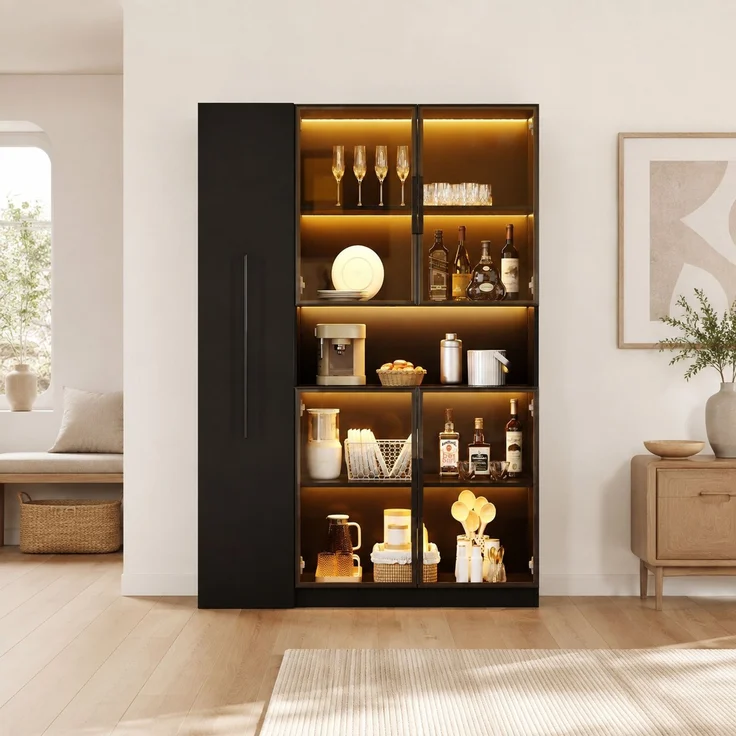 Vitrinenschrank 110x35x160 cm in Schwarz mit LED, Glasfront und Ausziehregalen – Bild 2
