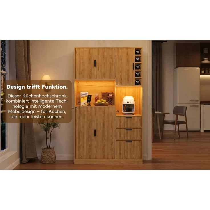 Küchen-Buffetschrank 105x40x180 cm in Natur, mit LED, Steckdosen, 3 Schubladen und Weinregal – Bild 9