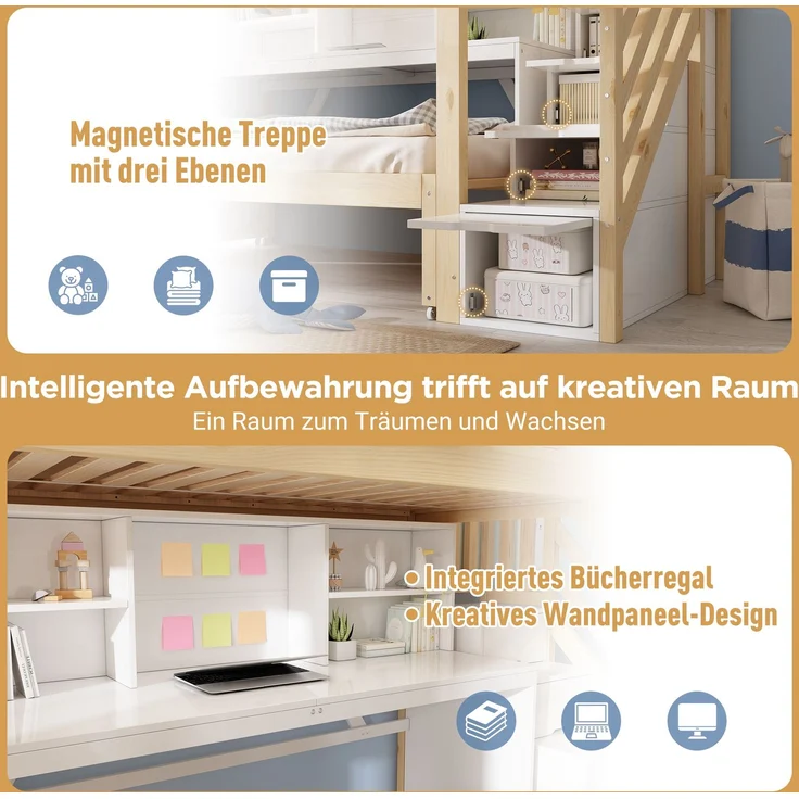 Bett Etagenbett 90x200 + 90x190 cm mit ausziehbarem Bett, Schreibtisch und Stauraum, ohne Matratze – Bild 7