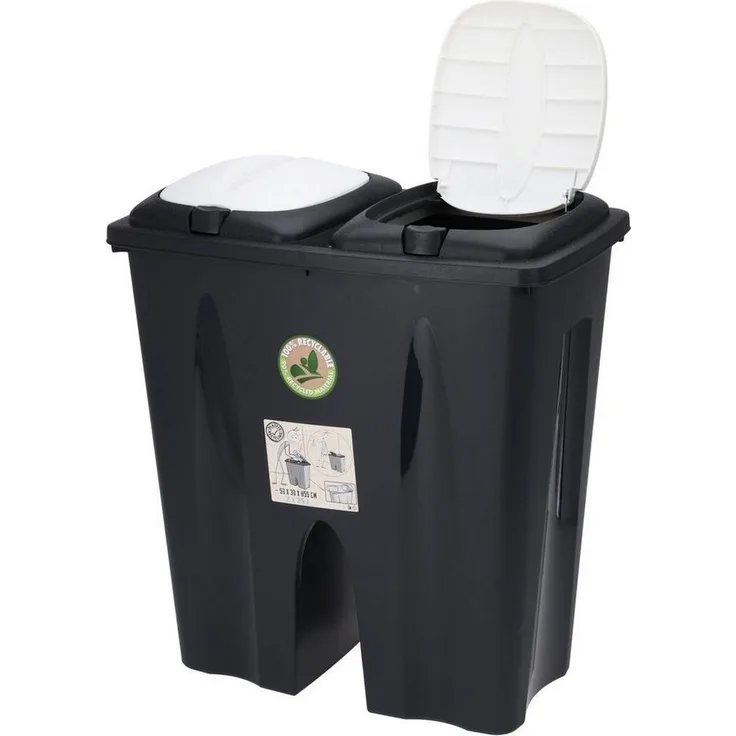 Mojawo 'Duo' Abfalleimer, Kunststoff, 50 (2x25) Liter, Schwarz, Rechteckig