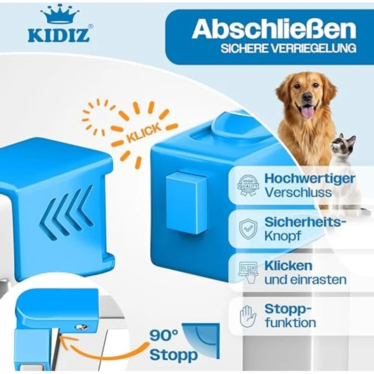 KIDIZ® Absperrgitter zum Klemmen mit Katzenklappe, Türschutzgitter, Autoclose Kinder Treppengitter ohne Bohren | 90° Stopp Schutz, schwenkbar, Treppenschutzgitter Blau, 88 - 94 cm – Bild 3
