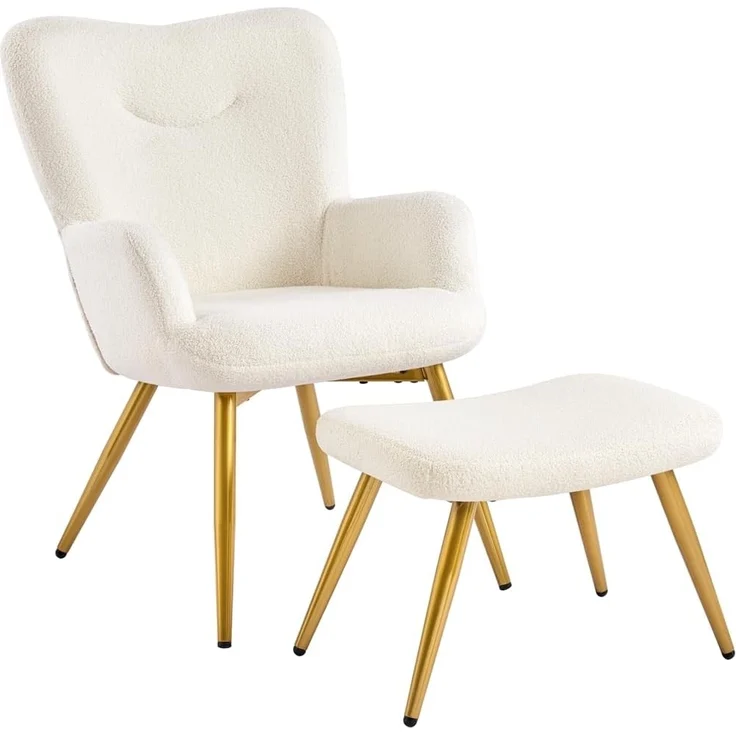 Yaheetech Sessel Ohrensessel mit Hocker aus Boucle-Gewebe, Relaxsessel mit Fußstütze, Loungesessel mit Klappbarer Rückenlehne, Fernsehsessel für Wohnzimmer/Schlafzimmer Elfenbein – Bild 1