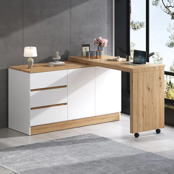 ZUBALIYA Schreibtisch mit feststellbaren Rollen – multifunktionales Design, 4 cm dickere, drehbare Tischplatte, fest arretierbar, weiß/Eiche, Faltbarer Schreibtisch, Eckschreibtisch, Sideboard,Dicke Materialie – Bild 1