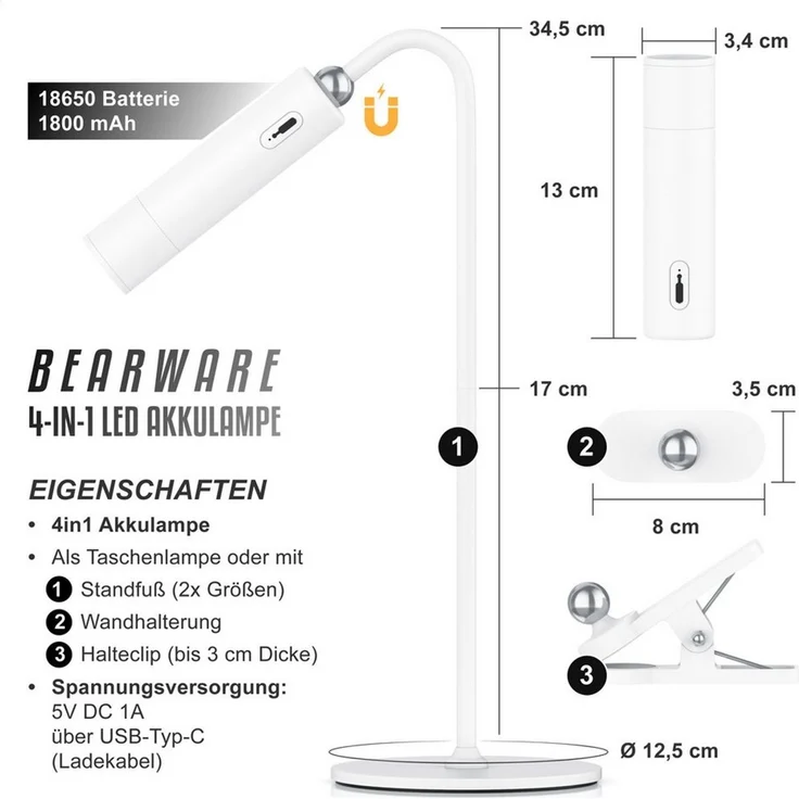 BEARWARE Schreibtischlampe 4in1 LED Tischlampe dimmbar, Magnethalterung, Bürolampe, Tischleuchte, mehrere Helligkeitsstufen, LED fest integriert, warmweiß, Akku, 3 Helligkeitsstufen, Standfuß, Wandhalterung, Clip, Taschenlampe – Bild 2