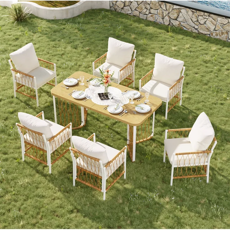 Gartenmöbel-Set mit 6 Stühlen, Tisch in Holzoptik, 159,5x77,5x75 cm, Beige/Braun/Natur – Bild 4