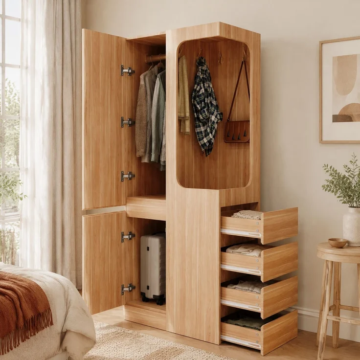 CHICFURN Kleiderschrank 70x170x40 cm aus Holz mit 4 Schubladen und offenem Hängefach Naturholz – Bild 2