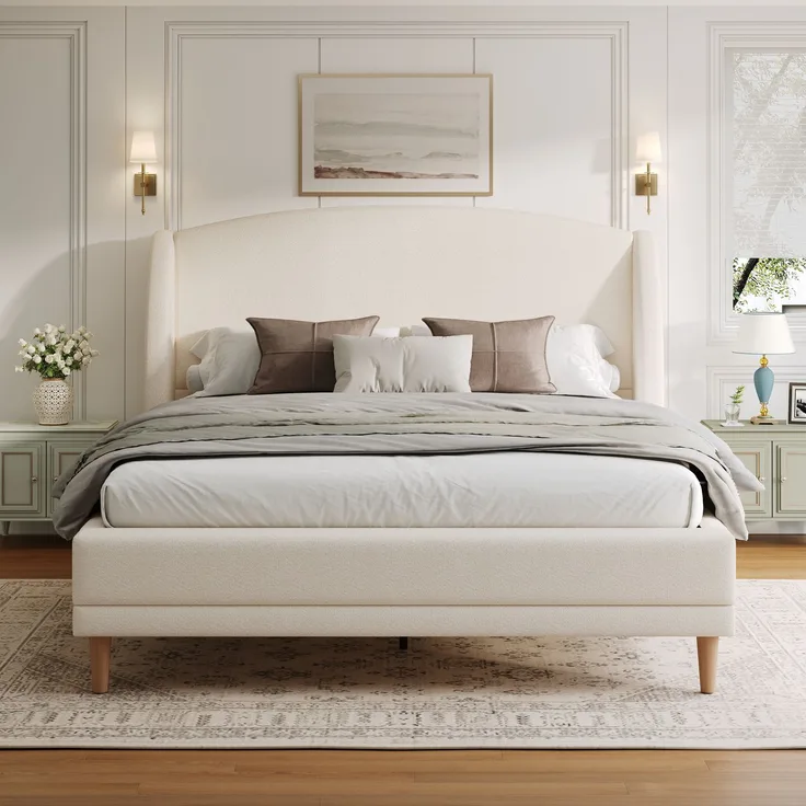 Wohnora-Lit capitonné 140×190 cm en tissu bouclé, tête de lit à oreilles, design incurvé, sommier à lattes solides, pieds en bois d'hévéa, blanc ivoire,Weiß