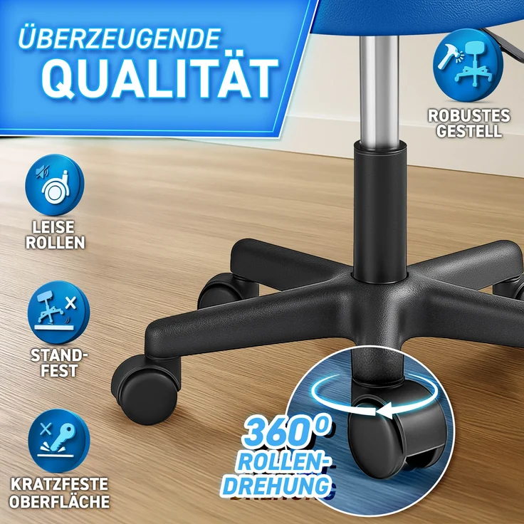 TRESKO® Rollhocker mit Lehne 150 kg Blau | Arbeitshocker höhenverstellbar 46-58 cm | Drehhocker mit Rollen | Bürostuhl Hocker Drehstuhl Kosmetikhocker – Bild 2