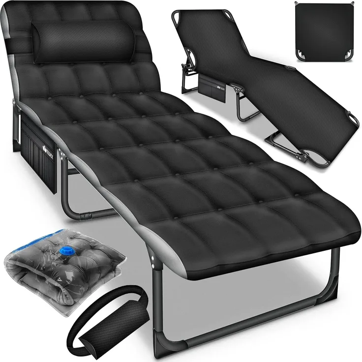tillvex® Campingbett klappbar Schwarz mit Seitentasche & Nackenkissen bis 280 kg | Campingliege Sonnenliege mit Polster | Feldbett Outdoor & Indoor | Klappbett Gästebett faltbar Garten Camping Festival Reise