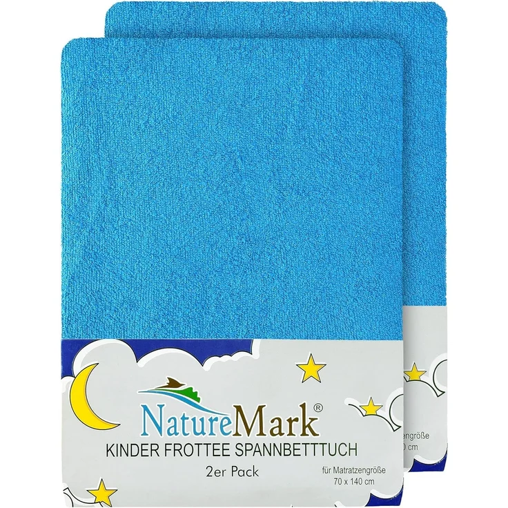 NatureMark Spannbettlaken Frottee Spannbettlaken, 80% Baumwolle / 20% Polyester, Gummizug: rundum, (2 Stück), 2er Set Kinder Spannbettlaken Frottee, Spannbetttuch 80% Baumwolle / 20% Polyester, für Babybett und Kinderbett, 70x140 cm - Türkis – Bild 1