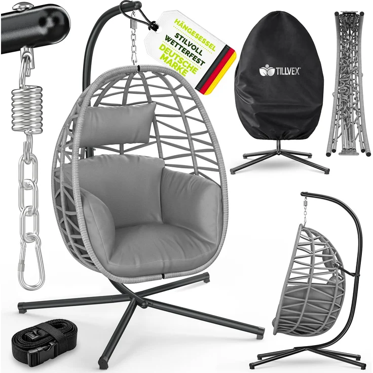tillvex® Hängesessel mit Gestell Outdoor & wetterfester Abdeckung inkl. Befestigung | Hängekorb klappbar bis 150 kg | Hängesitz aus Rattan | Hängestuhl für Indoor Garten Balkon Terrasse – Bild 6
