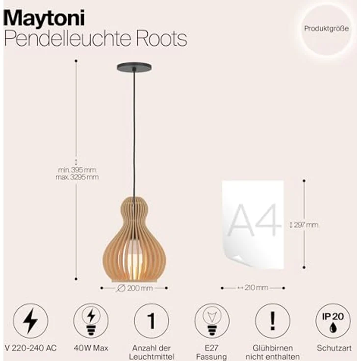 Maytoni Pendelleuchte Roots, Moderne 1 x E27 excl. in Schwarz/Holz/Metall, Energieeffizient bis 40W, für Küche, Wohnzimmer, Schlafzimmer, Esszimmer, Lobby – Bild 2