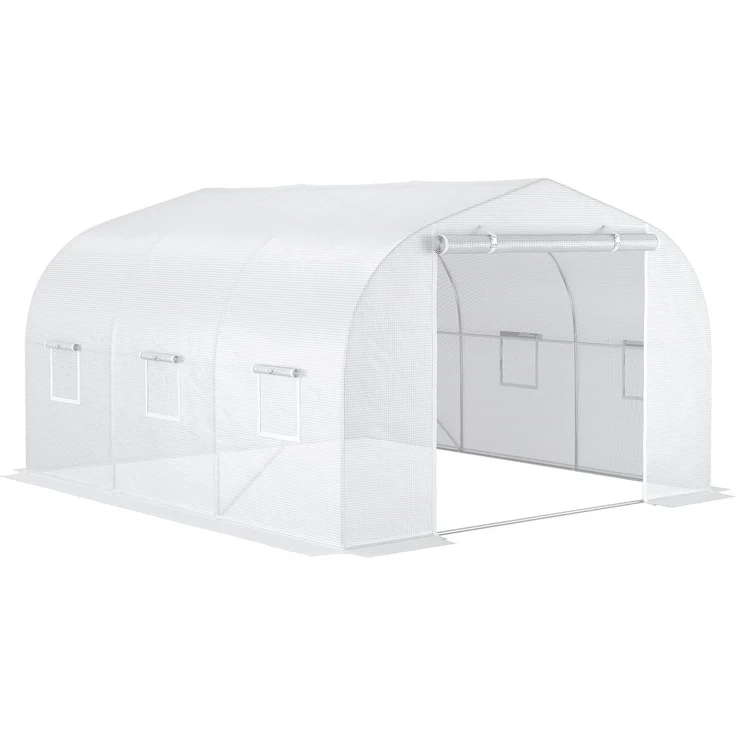 Wohnora-Gewächshaustunnel, Maße 3,5 m (L) x 3 m (B) x 2 m (H), Tür + 6 aufrollbare Fenster, verzinkter Stahl, hochdichte PE-Folie, weiß,H 2000cm x T 1280cm x B 3000cm – Bild 3